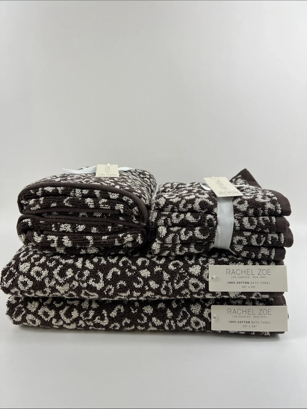 Rachel Zoe Bath Towels Leopard Print Dark Brown and Cream 100% Cotton 8 Pc NEW